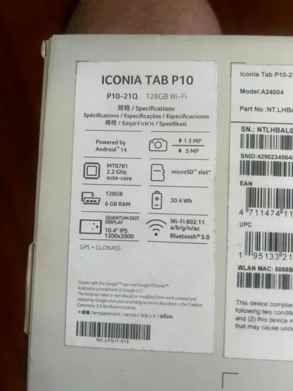 Acer Iconia Tab P10tablet 10.4 Qled 6gb Ram | 128gb | Funda (Nuevo con caja abierta)