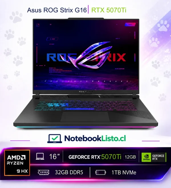 Asus Roq Strix G16 5070Ti Notebook Roq Strix G16 Ryzen 9 Rtx 5070ti 12vram 32gb 1tb (Nuevo con caja abierta)