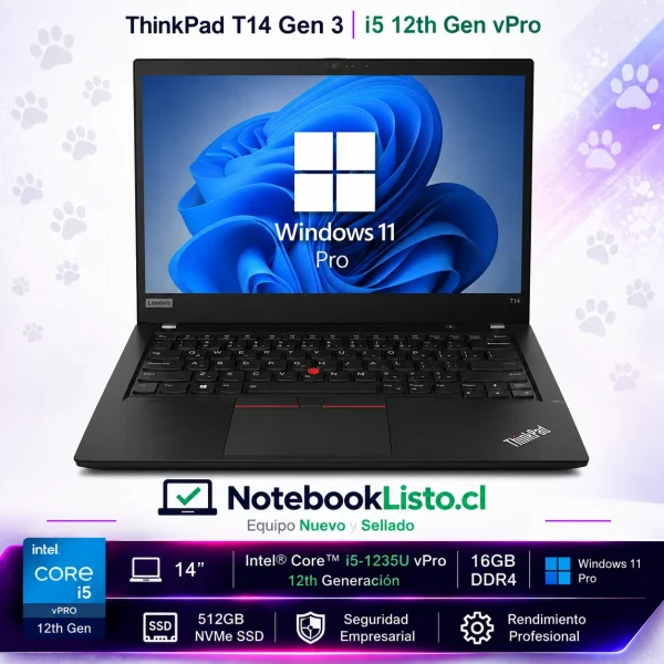 Lenovo Thginkpad T14 gen 3 i5vpro Notebook Thinkpad T14 Gen 3 I5 12th Vpro 16gb 512gb Win Pro (Nuevo con caja abierta)