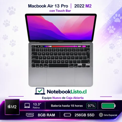 Macbook air 13 pro M2 gris 8gb MacBook Pro 13 (2022) Chip M2 Apple / 8gb Ram Ssd 256gb Color Gris Espacial (Nuevo con caja abierta)